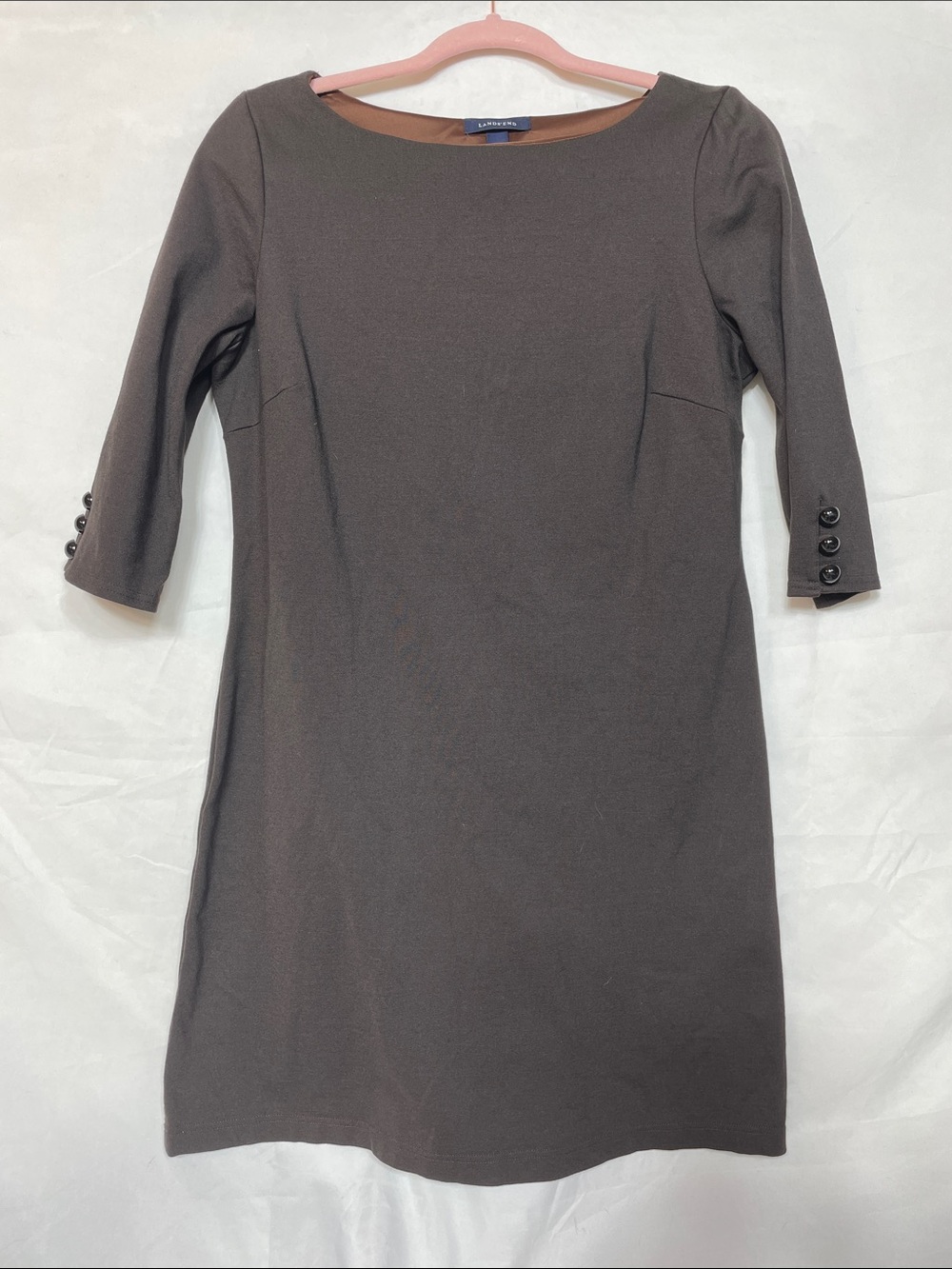 ❤️ Lands' End Dark Brown Boatneck 3/4 Sleeve Classic Sheath Dress, Button Cuffs